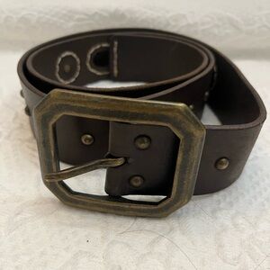 Vintage belt brown leather brass colored buckle round cutouts